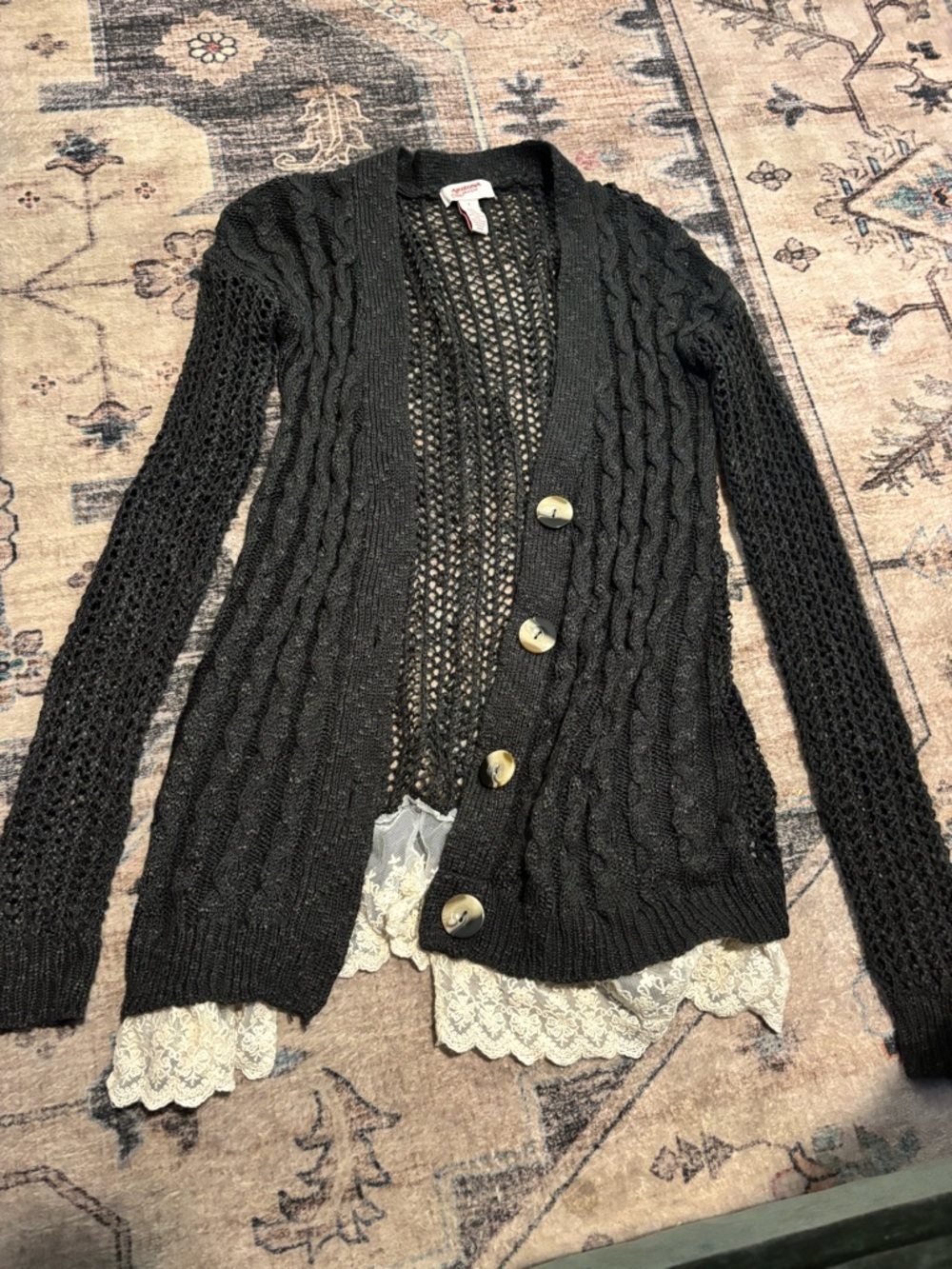 Gray Open-Knit Cable Cardigan with Lace Trim
